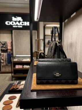 Coach Signature Canvas & Leather Slim Envelope Trifold Wallet with ID Window